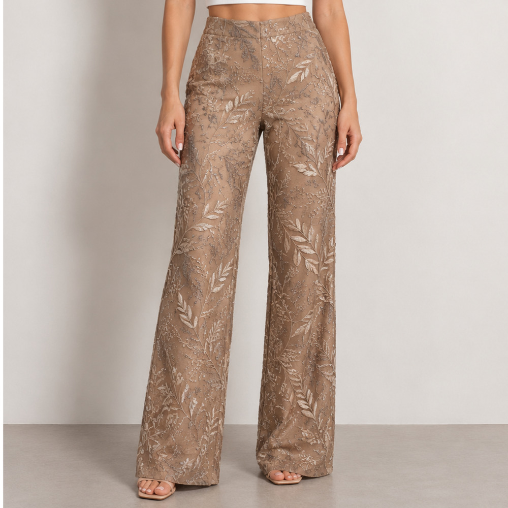 Nova Luxe taupe embroidered mesh lined flare pants women’s S